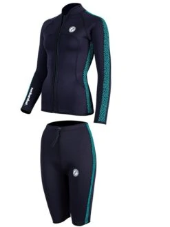 Two Bare Feet Womens Silicone Print Series 2.5mm Wetsuit Jacket & Shorts Set (Black/Mint) -Diving Adventure 3 30