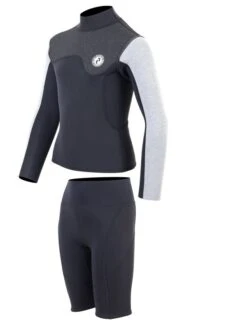 Two Bare Feet Junior Aspect Fleece Lined Zipless Thermal 2.5mm Superstretch Wetsuit Top & Shorts Set (Black/Grey/Grey) -Diving Adventure kzgrau z