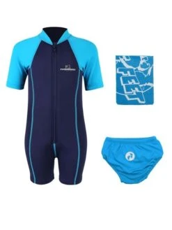 Deluxe Baby Swim Kit - Lycra Arm Wetsuit + Swim Nappy + Towel (Aqua)