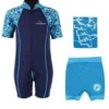 Deluxe Baby Swim Kit - Patterned Lycra Arm Wetsuit + Nappy Shorts + Towel (Aqua)