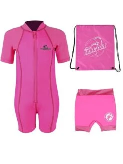 Deluxe Baby Swim Kit - Lycra Arm Wetsuit + Nappy Shorts + Bag (Pink)