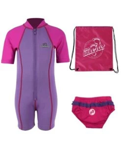 Deluxe Baby Swim Kit - Lycra Arm Wetsuit + Swim Nappy + Bag (Raspberry)