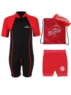 Premier Baby Swim Kit - Lycra Arm Wetsuit + Nappy Shorts + Towel + Bag (Red)