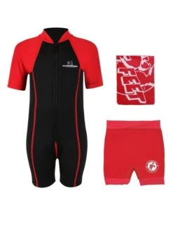 Deluxe Baby Swim Kit - Lycra Arm Wetsuit + Nappy Shorts + Towel (Red)