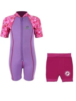 Essentials Baby Swim Kit - Patterned Lycra Arm Wetsuit + Nappy Shorts (Lilac)