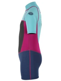 Two Bare Feet Squadron 3/2mm Junior Shorty Wetsuit (Mint/Raspberry/Blue) -Diving Adventure squadron kids short arms short legs aqua fuschia navy 3