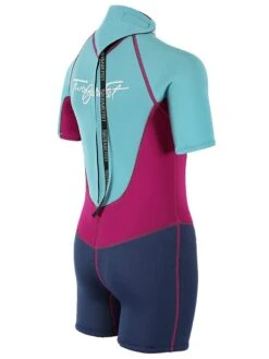 Two Bare Feet Squadron 3/2mm Junior Shorty Wetsuit (Mint/Raspberry/Blue) -Diving Adventure squadron kids short arms short legs aqua fuschia navy 6