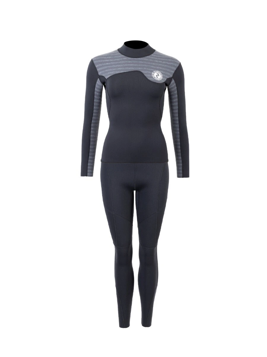 Two Bare Feet Womens Aspect Fleece Lined Zipless Thermal 2.5mm Superstretch Wetsuit Top & Pants Set (Black/Grey Stripes) 1 Two Bare Feet Womens Aspect Fleece Lined Zipless Thermal 2.5mm Superstretch Wetsuit Top & Pants Set (Black/Grey Stripes)