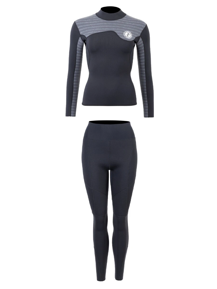 Two Bare Feet Womens Aspect Fleece Lined Zipless Thermal 2.5mm Superstretch Wetsuit Top & Pants Set (Black/Grey Stripes) 2 Two Bare Feet Womens Aspect Fleece Lined Zipless Thermal 2.5mm Superstretch Wetsuit Top & Pants Set (Black/Grey Stripes) - Image 2